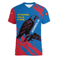 Mongolia Women V-Neck T-Shirt with Eagle Strong Wild Free Red Blue Brush Spirit
