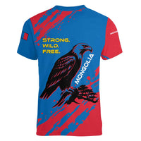 Mongolia Women V-Neck T-Shirt with Eagle Strong Wild Free Red Blue Brush Spirit