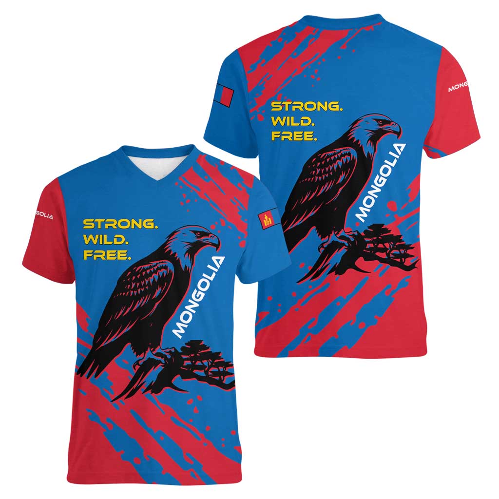 Mongolia Women V-Neck T-Shirt with Eagle Strong Wild Free Red Blue Brush Spirit