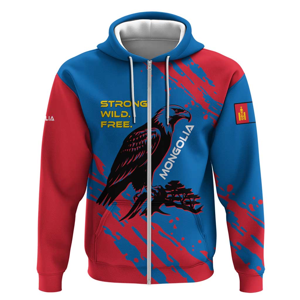 Mongolia Zip Hoodie with Eagle Strong Wild Free Red Blue Brush Spirit
