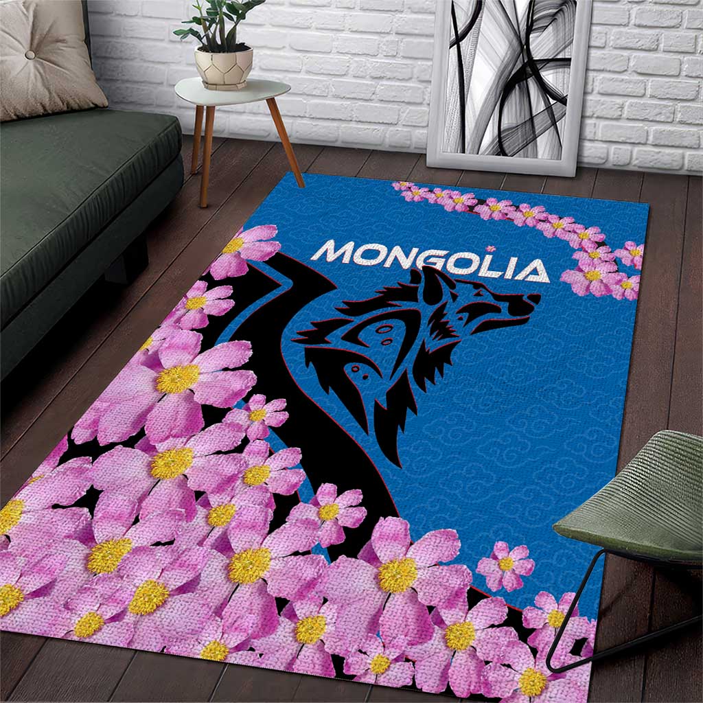 Mongolia Area Rug with Floral Wolf Pink Blossom Blue Sky Spirit