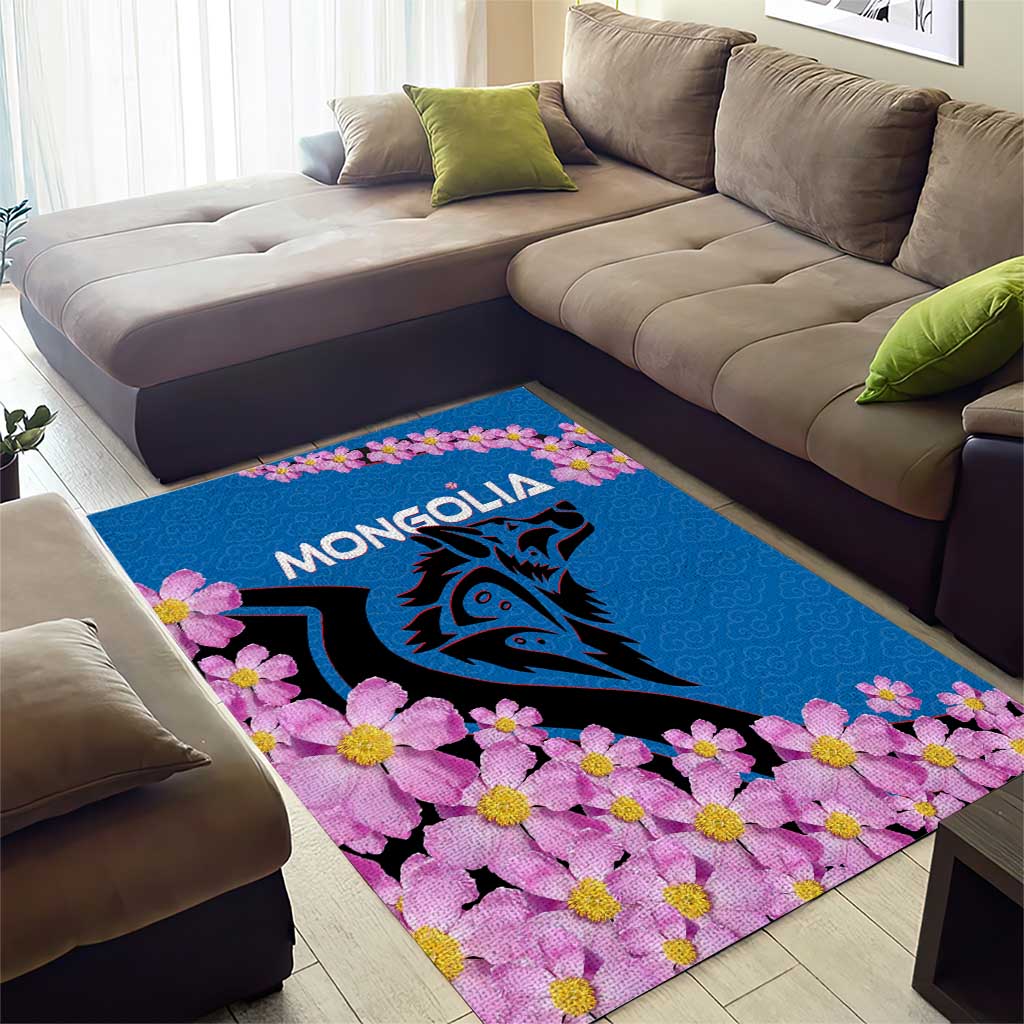 Mongolia Area Rug with Floral Wolf Pink Blossom Blue Sky Spirit