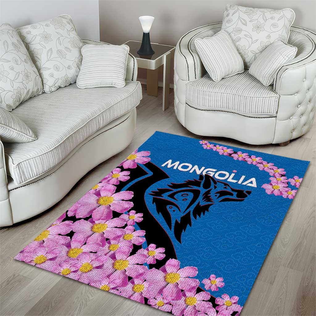 Mongolia Area Rug with Floral Wolf Pink Blossom Blue Sky Spirit