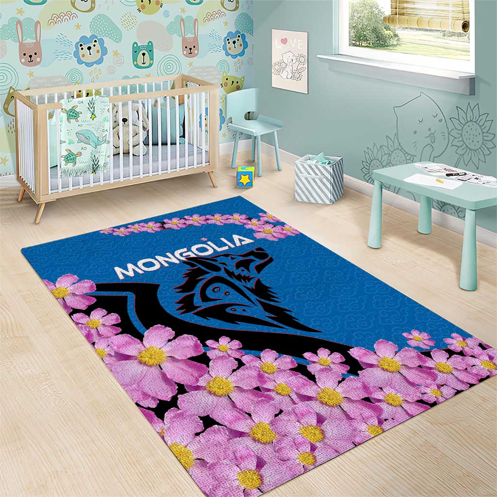 Mongolia Area Rug with Floral Wolf Pink Blossom Blue Sky Spirit