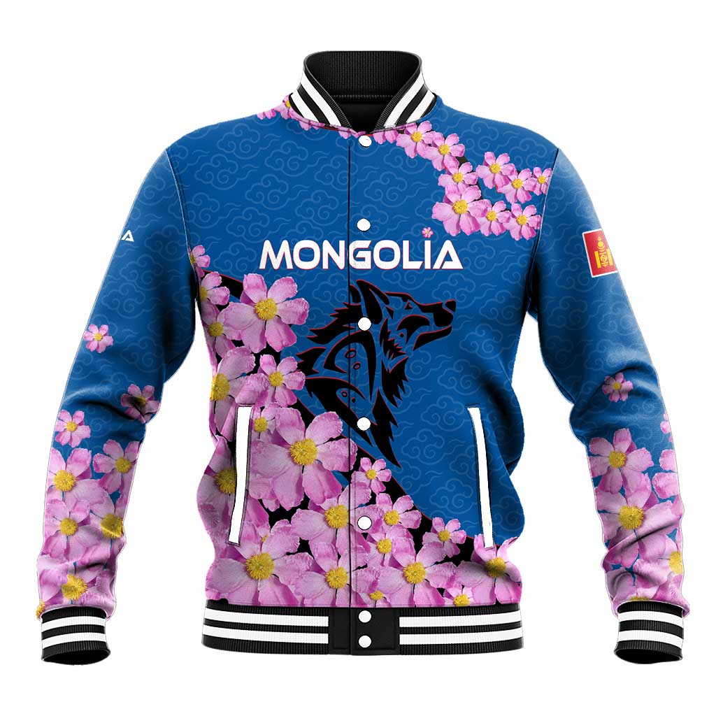Mongolia Baseball Jacket with Floral Wolf Pink Blossom Blue Sky Spirit