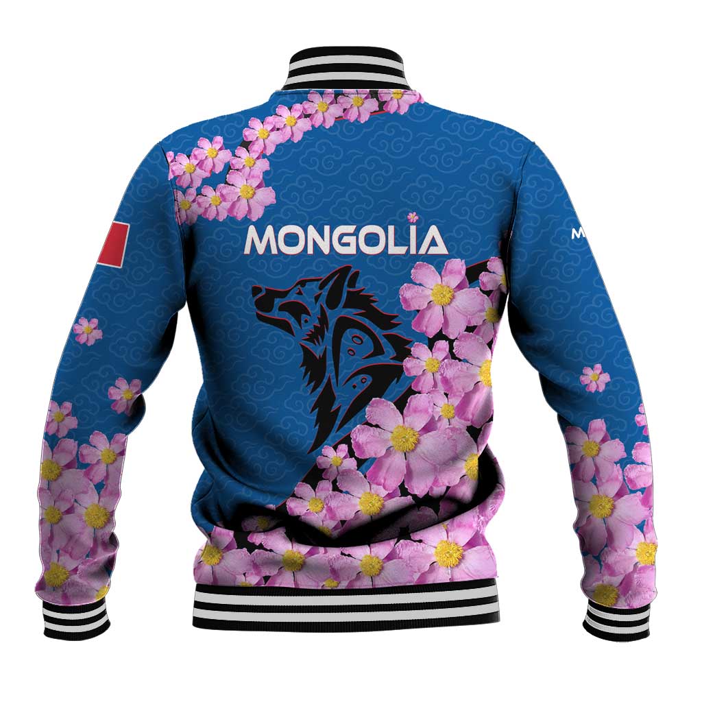 Mongolia Baseball Jacket with Floral Wolf Pink Blossom Blue Sky Spirit