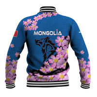 Mongolia Baseball Jacket with Floral Wolf Pink Blossom Blue Sky Spirit