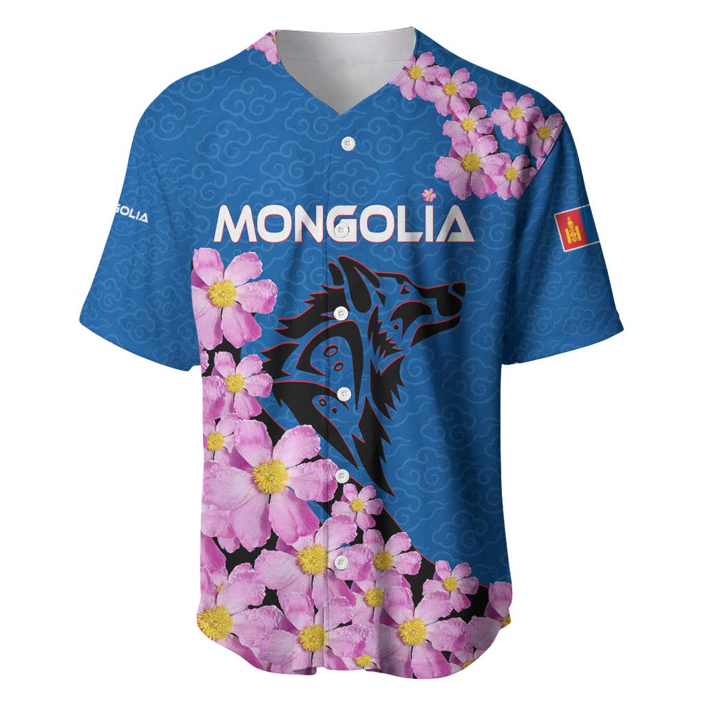 Mongolia Baseball Jersey with Floral Wolf Pink Blossom Blue Sky Spirit