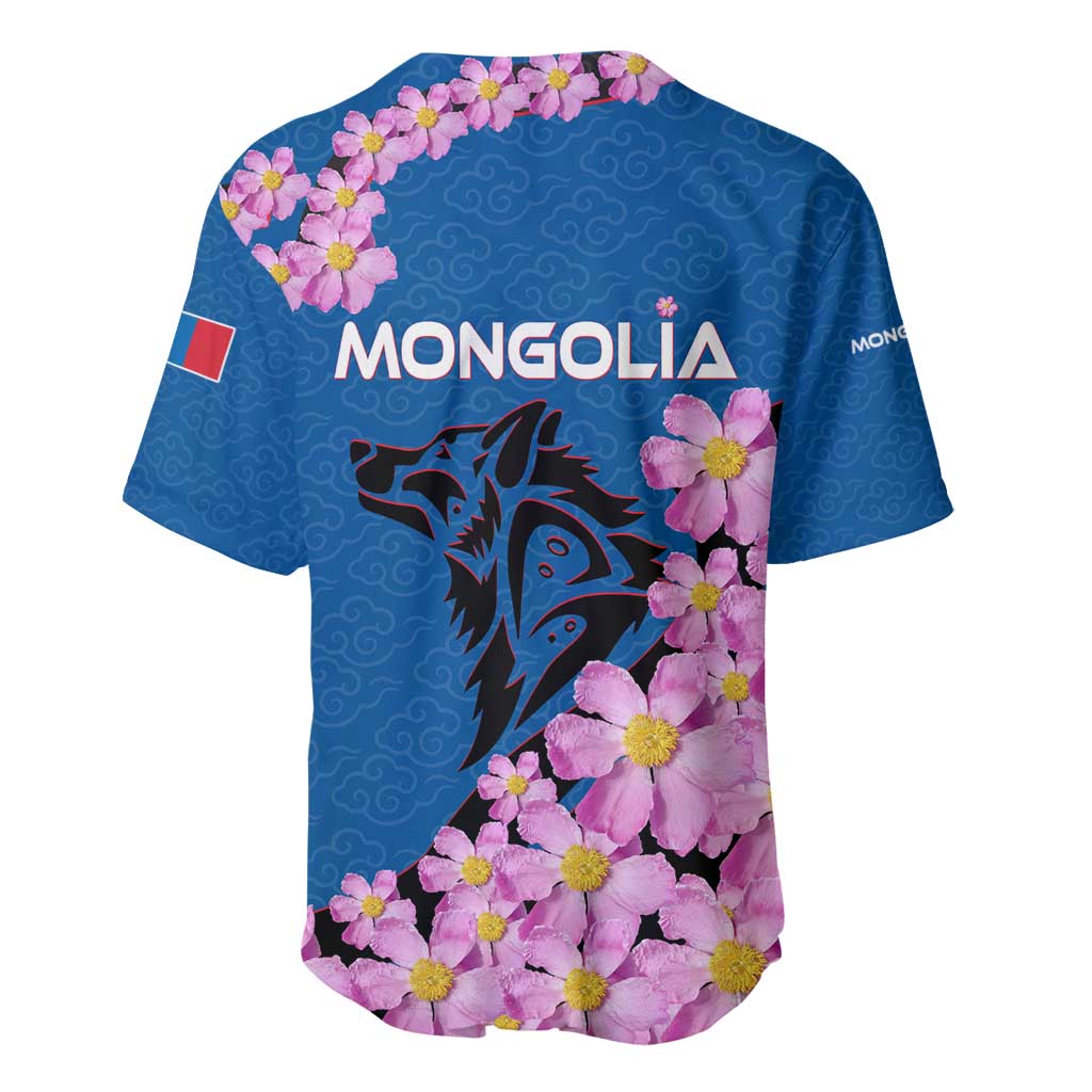 Mongolia Baseball Jersey with Floral Wolf Pink Blossom Blue Sky Spirit