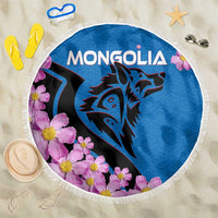 Mongolia Beach Blanket with Floral Wolf Pink Blossom Blue Sky Spirit