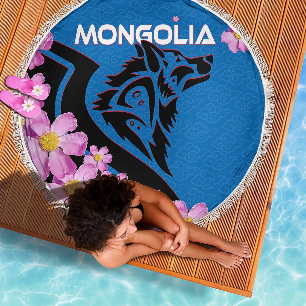 Mongolia Beach Blanket with Floral Wolf Pink Blossom Blue Sky Spirit