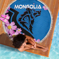 Mongolia Beach Blanket with Floral Wolf Pink Blossom Blue Sky Spirit