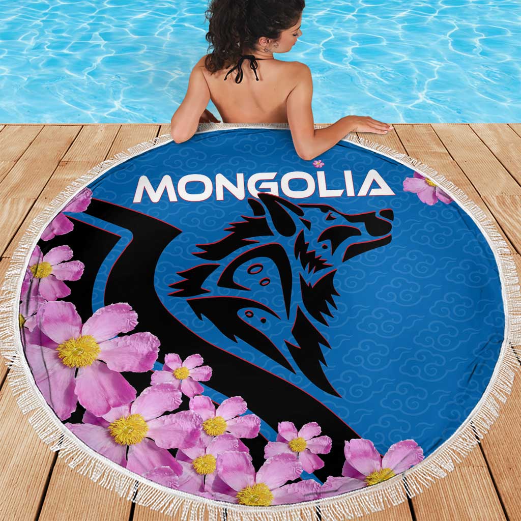 Mongolia Beach Blanket with Floral Wolf Pink Blossom Blue Sky Spirit