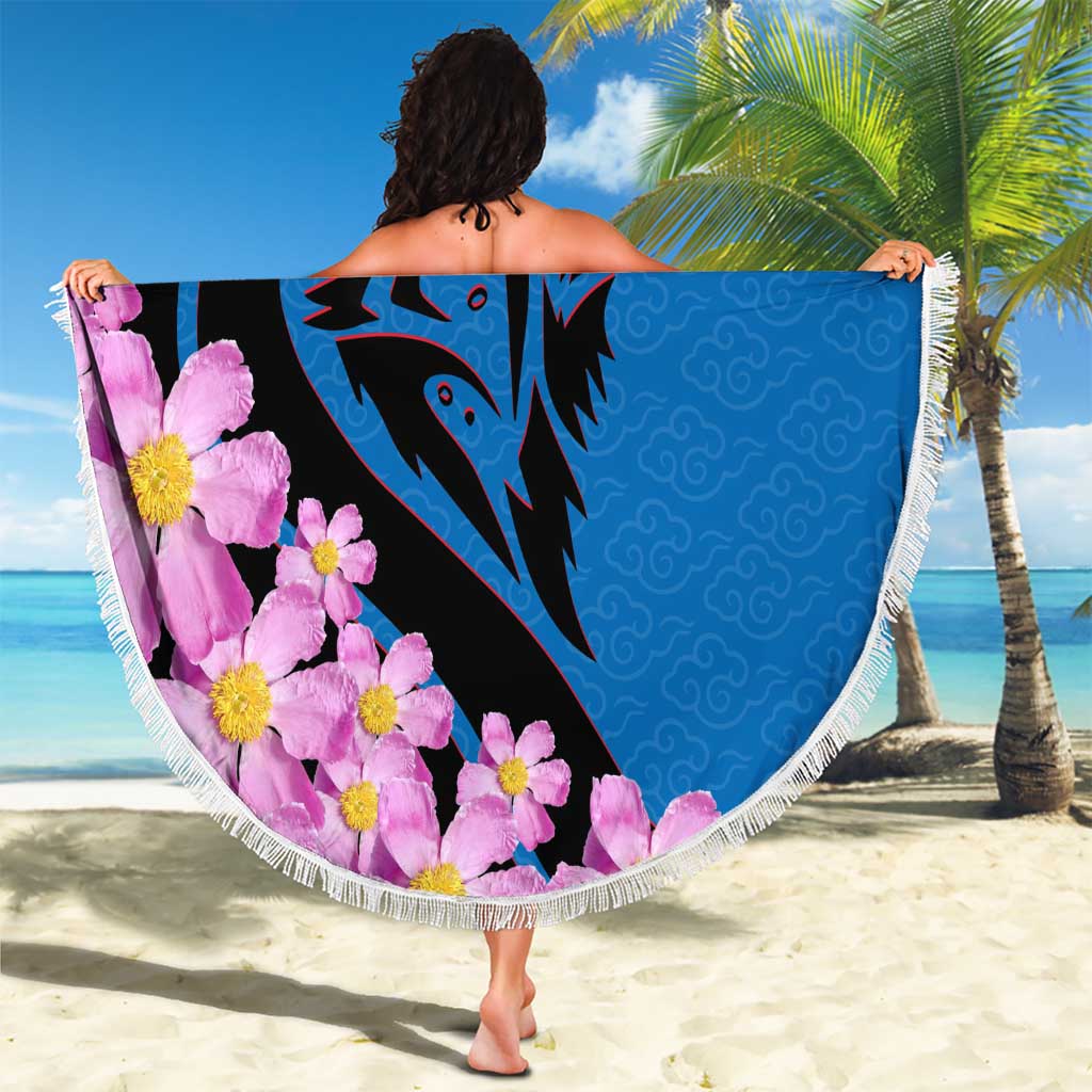 Mongolia Beach Blanket with Floral Wolf Pink Blossom Blue Sky Spirit
