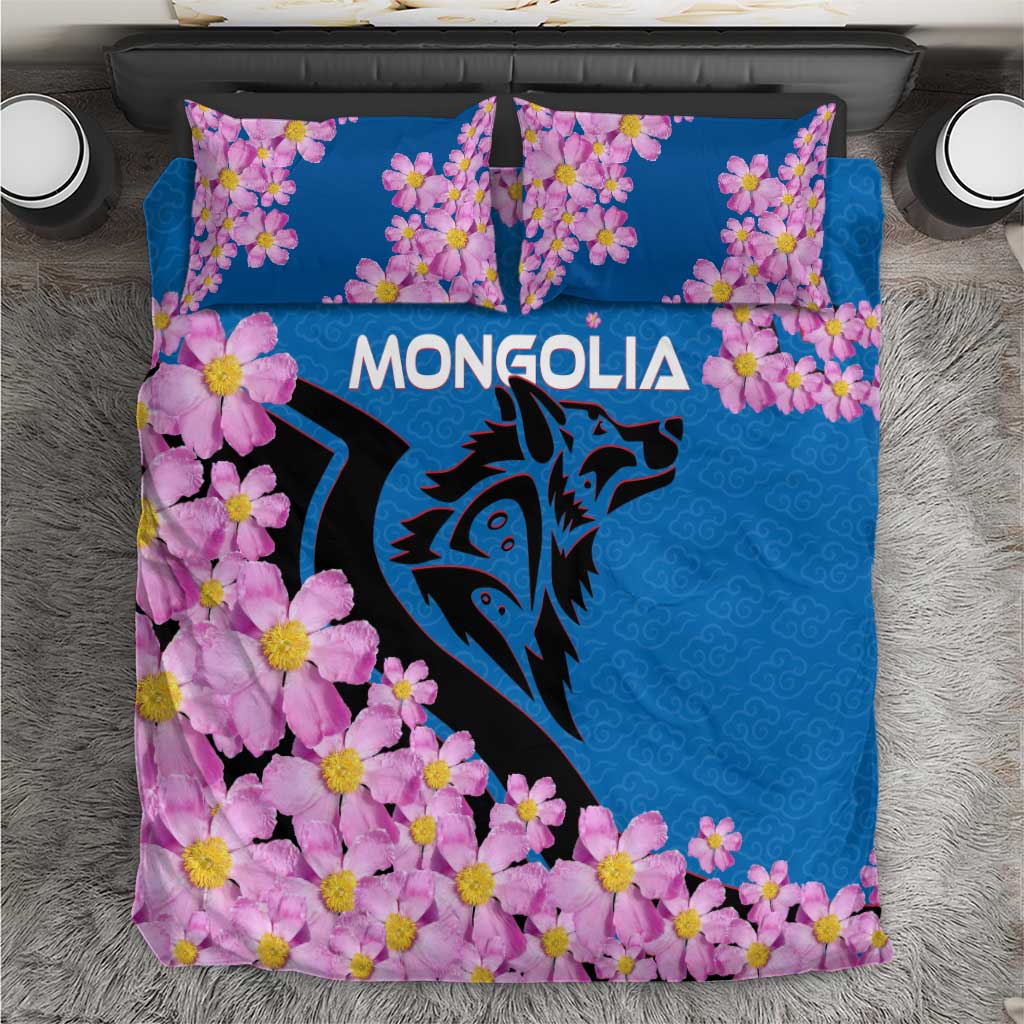 Mongolia Bedding Set with Floral Wolf Pink Blossom Blue Sky Spirit