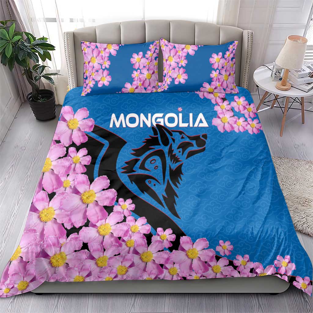 Mongolia Bedding Set with Floral Wolf Pink Blossom Blue Sky Spirit
