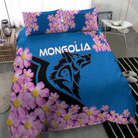 Mongolia Bedding Set with Floral Wolf Pink Blossom Blue Sky Spirit