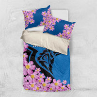 Mongolia Bedding Set with Floral Wolf Pink Blossom Blue Sky Spirit