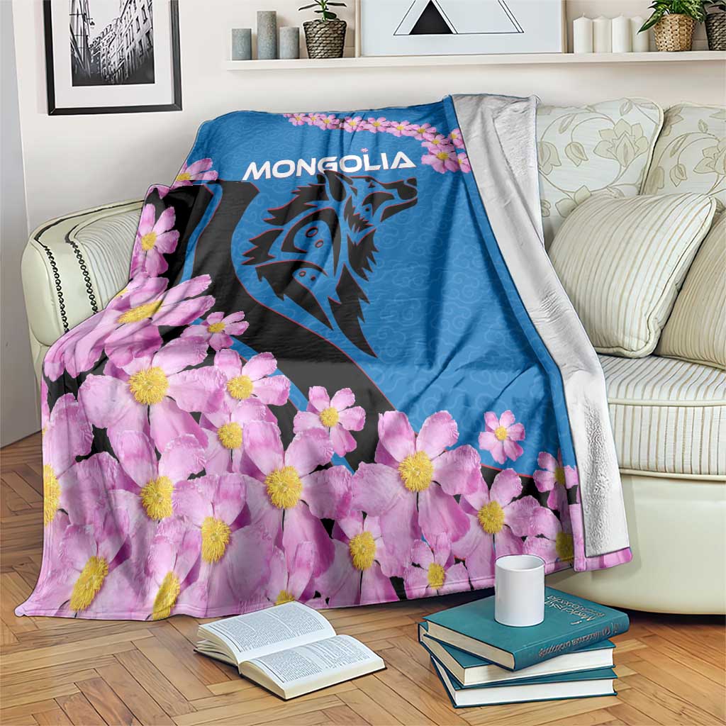 Mongolia Blanket with Floral Wolf Pink Blossom Blue Sky Spirit