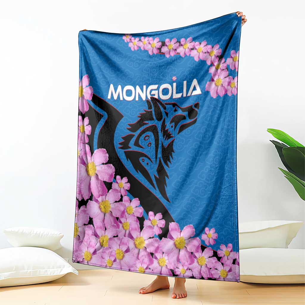 Mongolia Blanket with Floral Wolf Pink Blossom Blue Sky Spirit