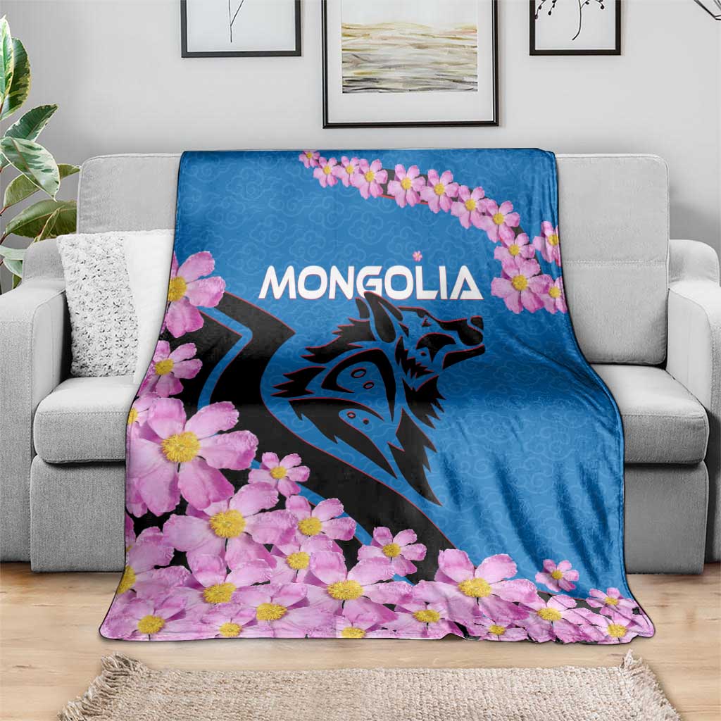 Mongolia Blanket with Floral Wolf Pink Blossom Blue Sky Spirit