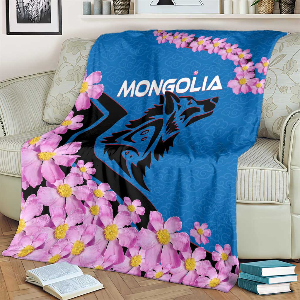 Mongolia Blanket with Floral Wolf Pink Blossom Blue Sky Spirit