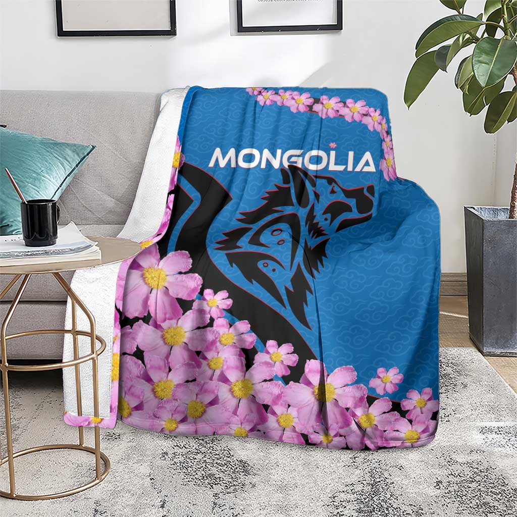 Mongolia Blanket with Floral Wolf Pink Blossom Blue Sky Spirit