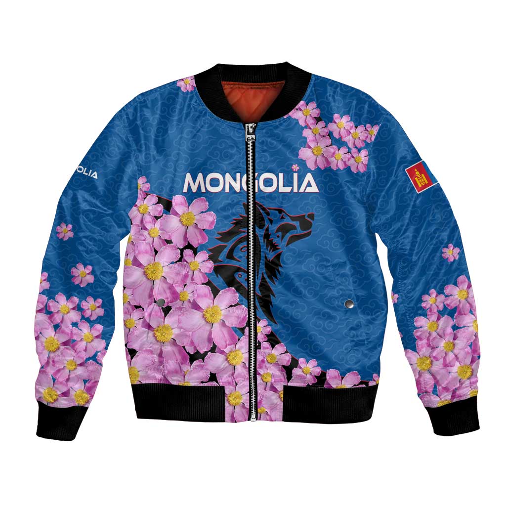 Mongolia Bomber Jacket with Floral Wolf Pink Blossom Blue Sky Spirit