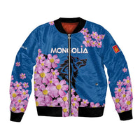 Mongolia Bomber Jacket with Floral Wolf Pink Blossom Blue Sky Spirit