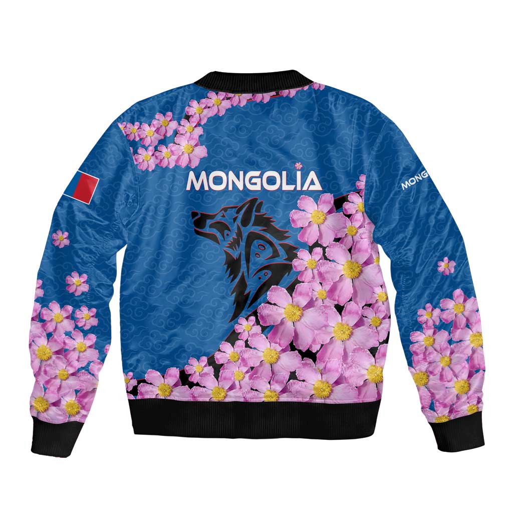 Mongolia Bomber Jacket with Floral Wolf Pink Blossom Blue Sky Spirit