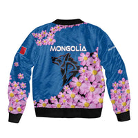 Mongolia Bomber Jacket with Floral Wolf Pink Blossom Blue Sky Spirit