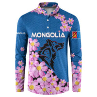 Mongolia Button Sweatshirt with Floral Wolf Pink Blossom Blue Sky Spirit