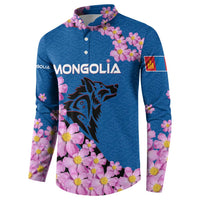 Mongolia Button Sweatshirt with Floral Wolf Pink Blossom Blue Sky Spirit