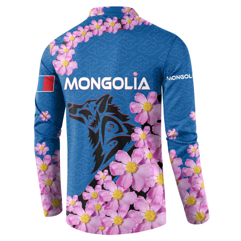 Mongolia Button Sweatshirt with Floral Wolf Pink Blossom Blue Sky Spirit