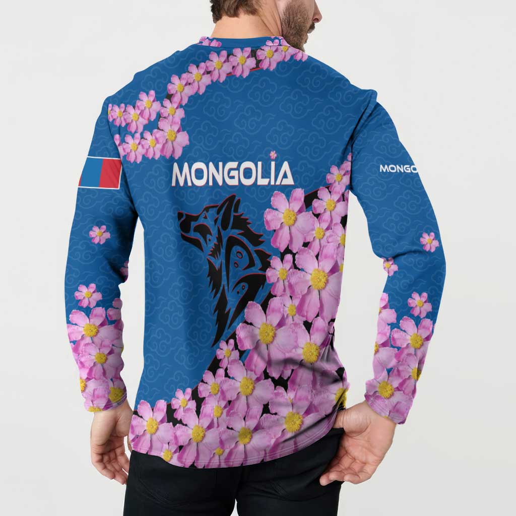 Mongolia Button Sweatshirt with Floral Wolf Pink Blossom Blue Sky Spirit