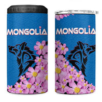 Mongolia 4 in 1 Can Cooler Tumbler with Floral Wolf Pink Blossom Blue Sky Spirit
