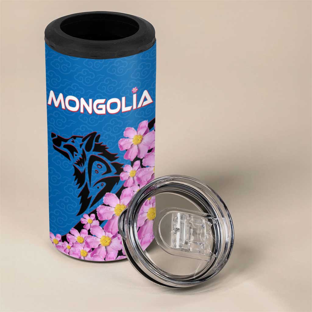 Mongolia 4 in 1 Can Cooler Tumbler with Floral Wolf Pink Blossom Blue Sky Spirit