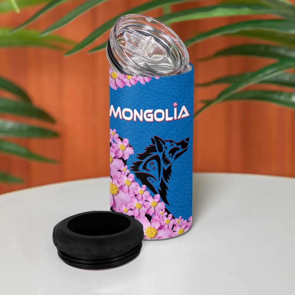 Mongolia 4 in 1 Can Cooler Tumbler with Floral Wolf Pink Blossom Blue Sky Spirit