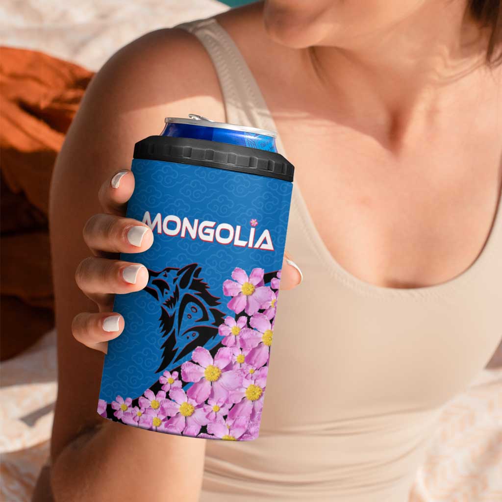 Mongolia 4 in 1 Can Cooler Tumbler with Floral Wolf Pink Blossom Blue Sky Spirit