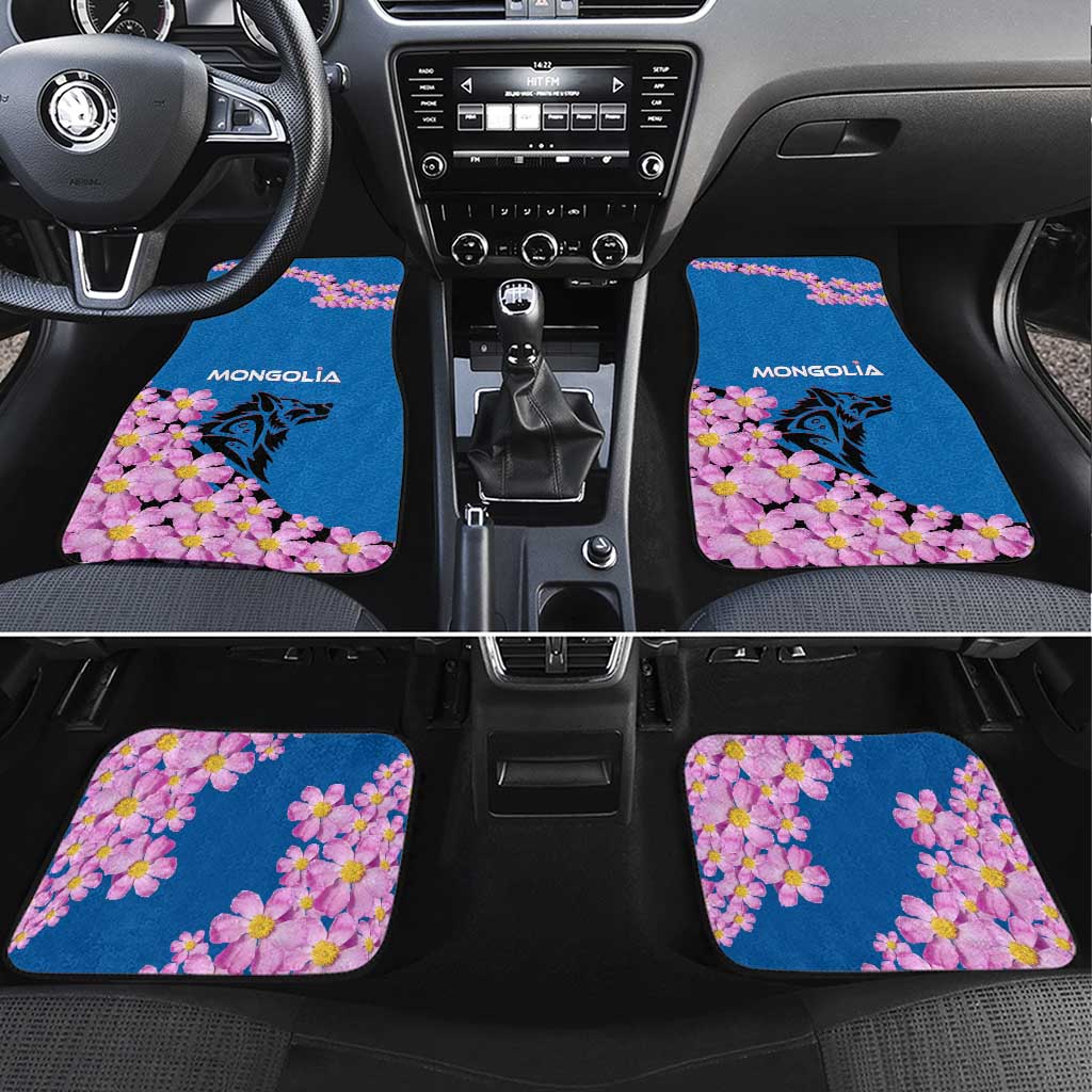 Mongolia Car Mats with Floral Wolf Pink Blossom Blue Sky Spirit