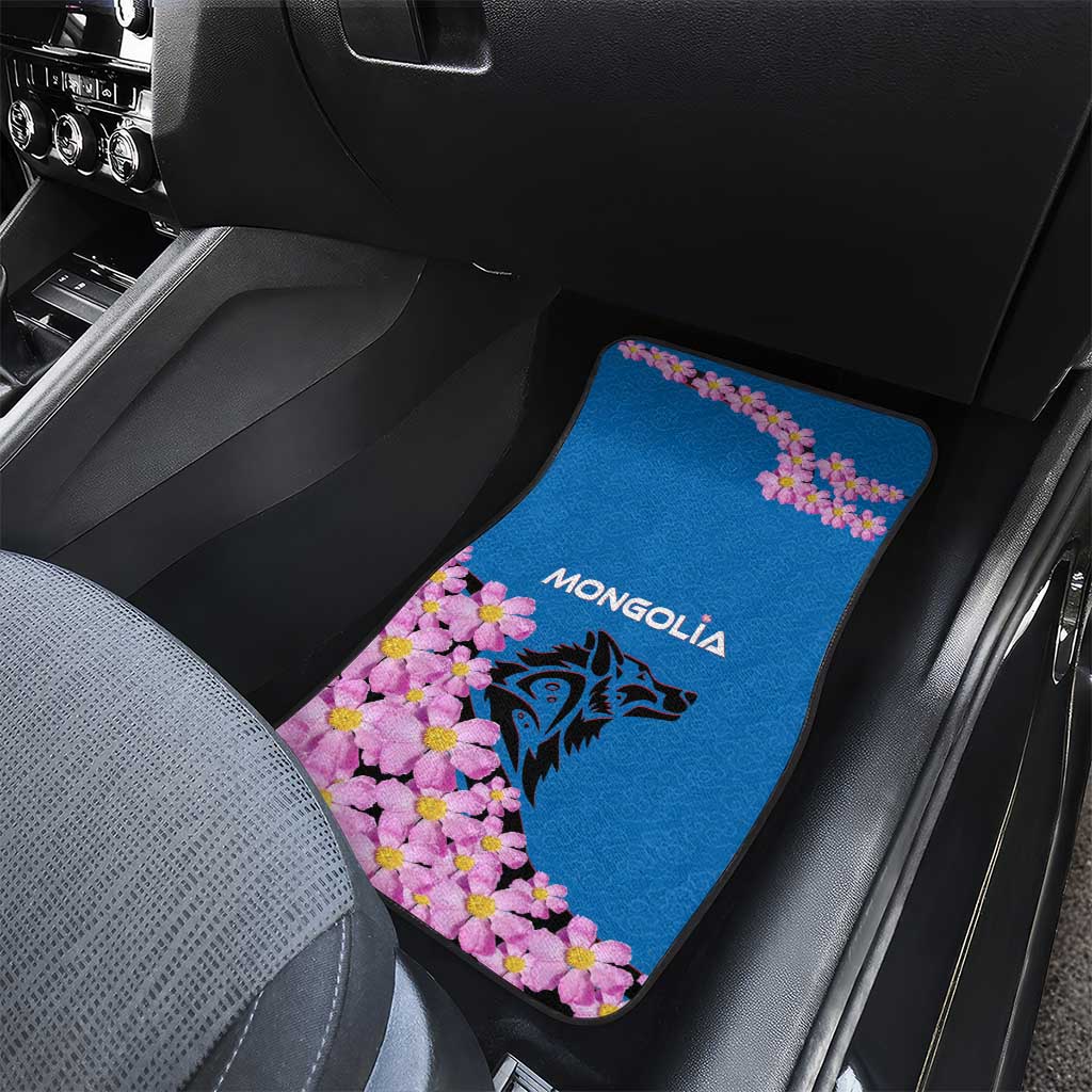 Mongolia Car Mats with Floral Wolf Pink Blossom Blue Sky Spirit