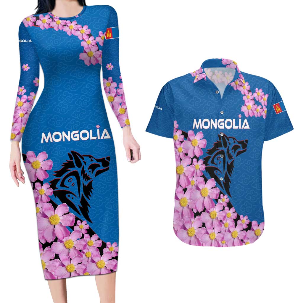 Mongolia Couples Matching Long Sleeve Bodycon Dress and Hawaiian Shirt with Floral Wolf Pink Blossom Blue Sky Spirit