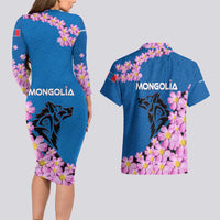 Mongolia Couples Matching Long Sleeve Bodycon Dress and Hawaiian Shirt with Floral Wolf Pink Blossom Blue Sky Spirit
