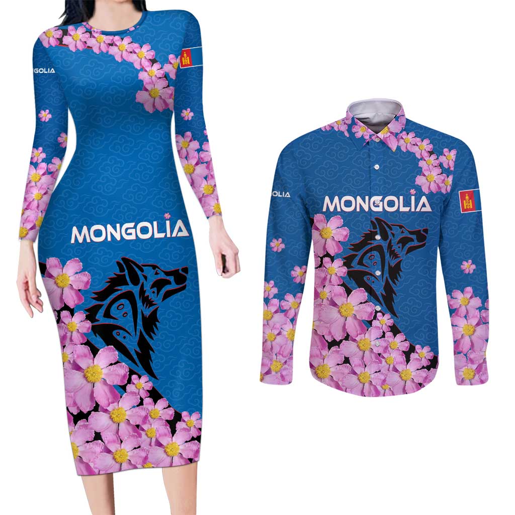 Mongolia Couples Matching Long Sleeve Bodycon Dress and Long Sleeve Button Shirt with Floral Wolf Pink Blossom Blue Sky Spirit