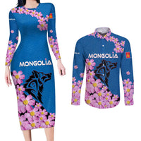 Mongolia Couples Matching Long Sleeve Bodycon Dress and Long Sleeve Button Shirt with Floral Wolf Pink Blossom Blue Sky Spirit