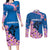 Mongolia Couples Matching Long Sleeve Bodycon Dress and Long Sleeve Button Shirt with Floral Wolf Pink Blossom Blue Sky Spirit