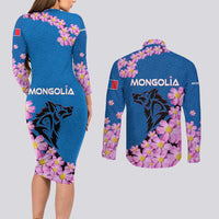 Mongolia Couples Matching Long Sleeve Bodycon Dress and Long Sleeve Button Shirt with Floral Wolf Pink Blossom Blue Sky Spirit