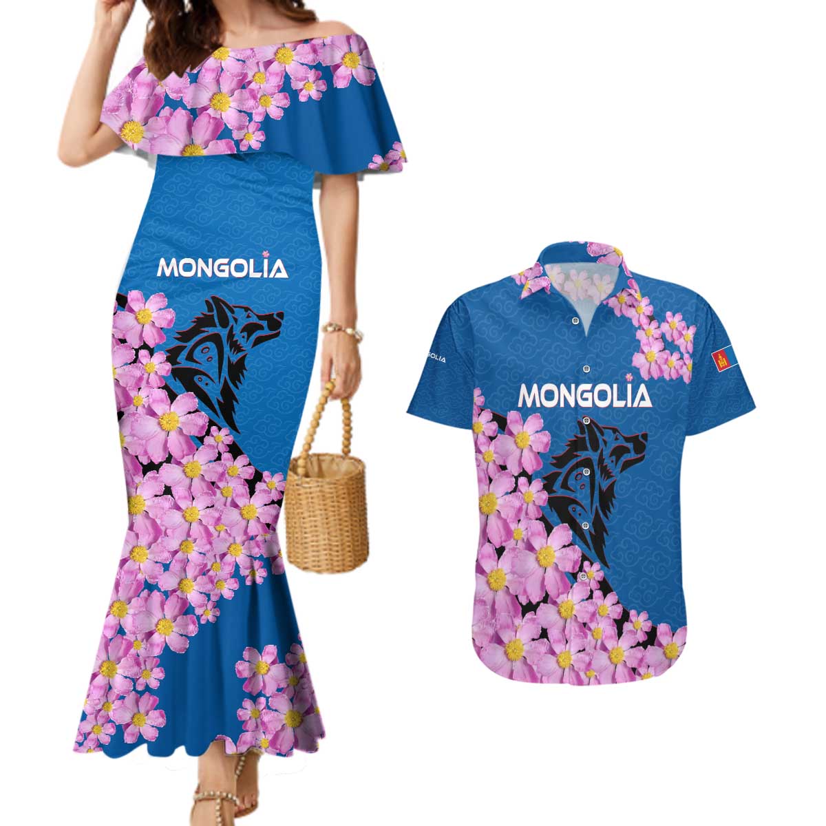 Mongolia Couples Matching Mermaid Dress and Hawaiian Shirt with Floral Wolf Pink Blossom Blue Sky Spirit