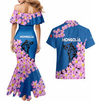 Mongolia Couples Matching Mermaid Dress and Hawaiian Shirt with Floral Wolf Pink Blossom Blue Sky Spirit