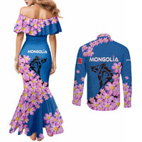 Mongolia Couples Matching Mermaid Dress and Long Sleeve Button Shirt with Floral Wolf Pink Blossom Blue Sky Spirit
